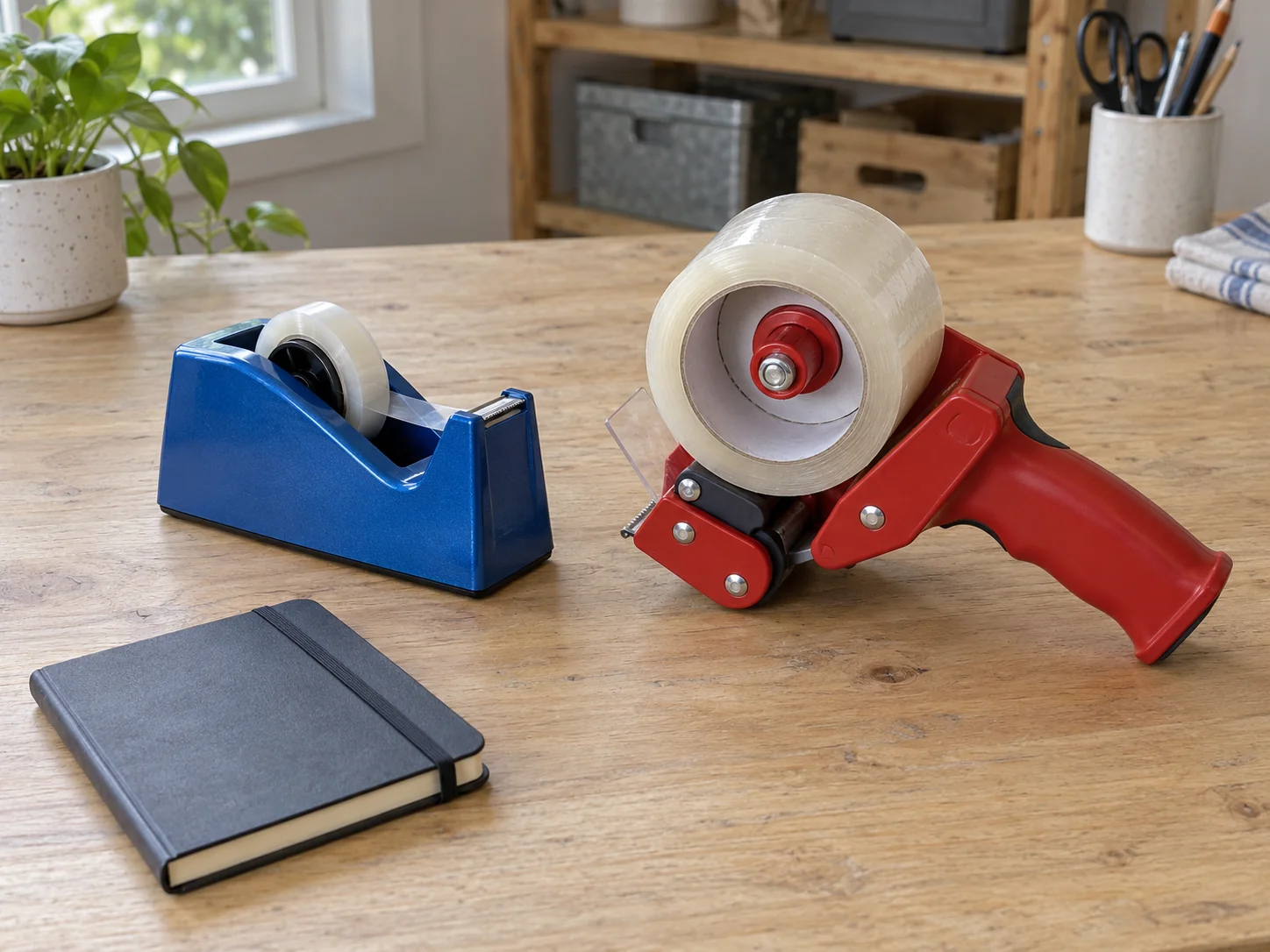 Tape dispenser will not feed concept with whole generic inactive desktop and pistol-grip dispensers and a blank notebook; no exact model or loading route shown.