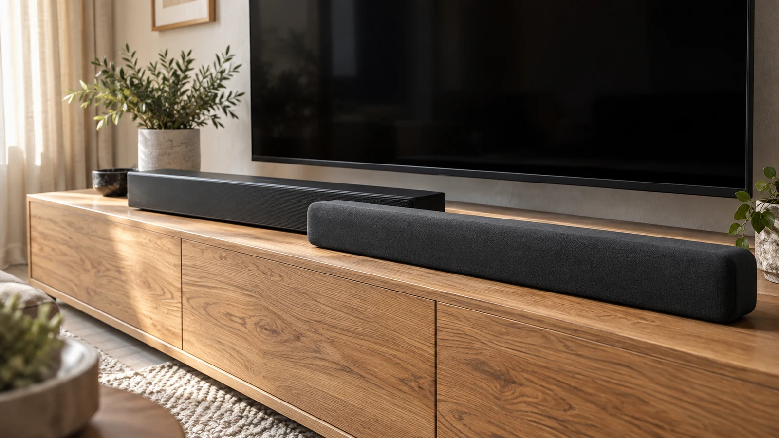 RRF soundbar: Two dark soundbars rest on a wooden console beneath a blank television screen.