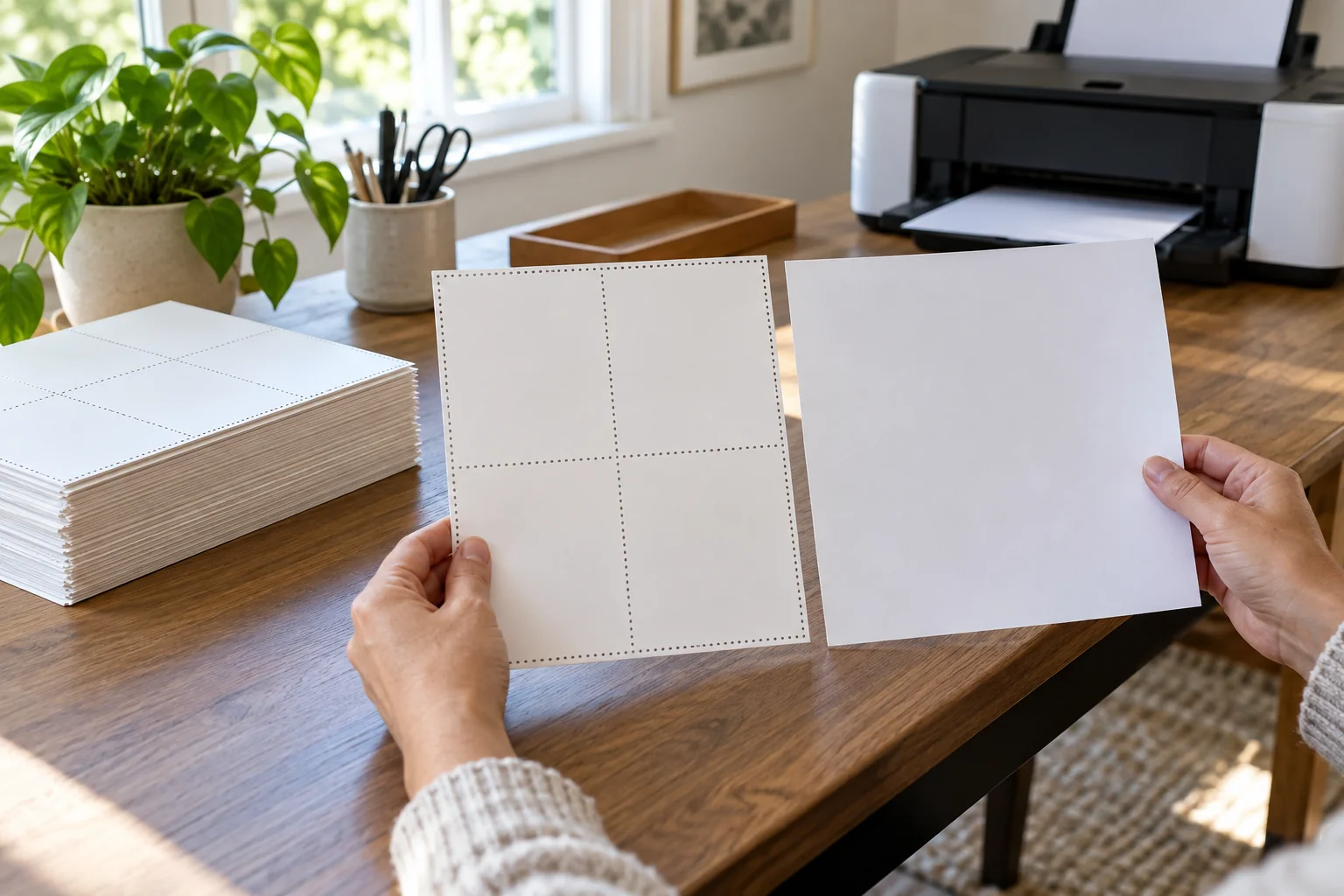 Postcard print batch planning with a blank perforated sheet beside one plain-paper test sheet and a printer.