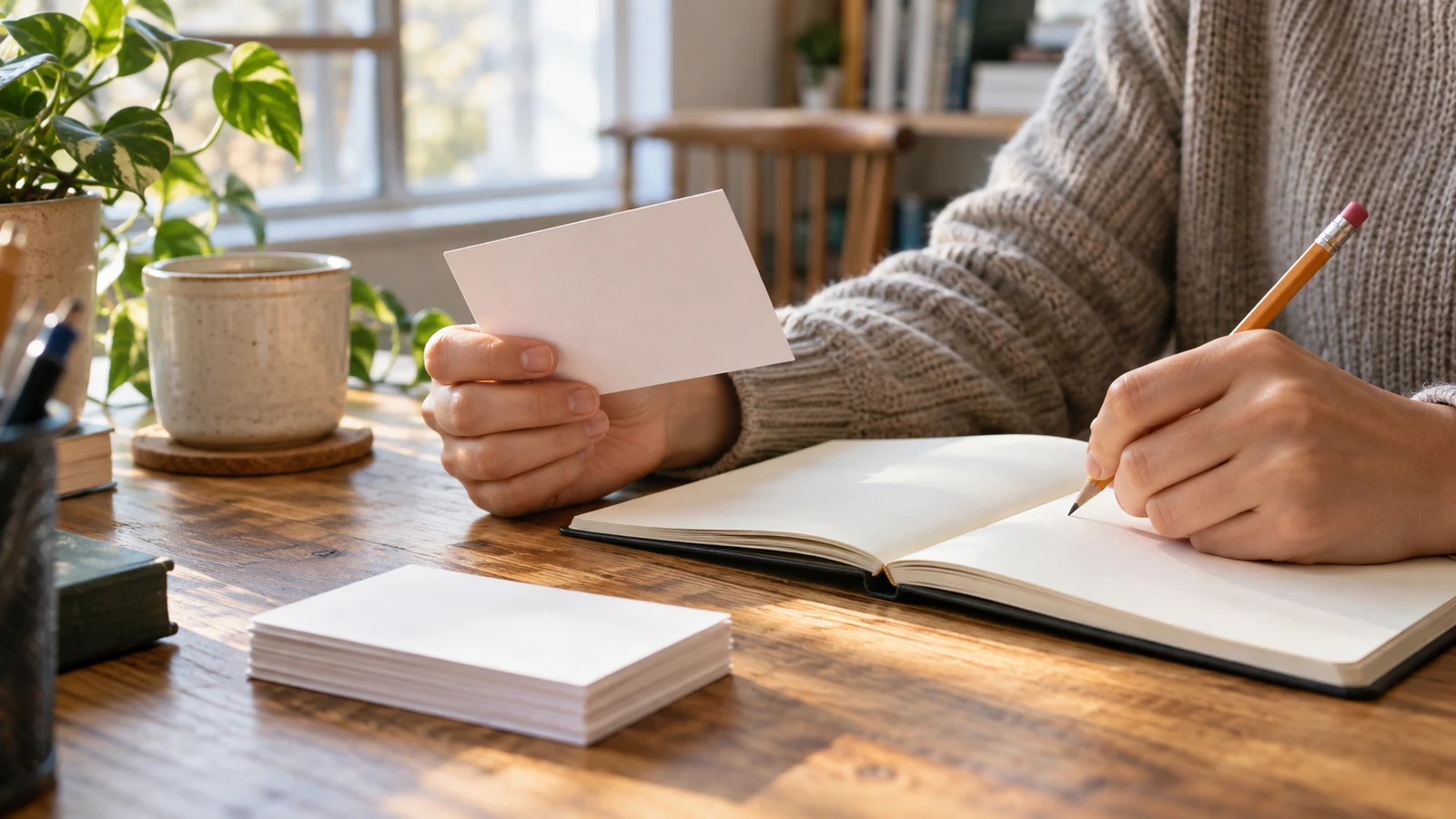 retrieval practice questions: A person holds a blank index card and a pencil above an open notebook.