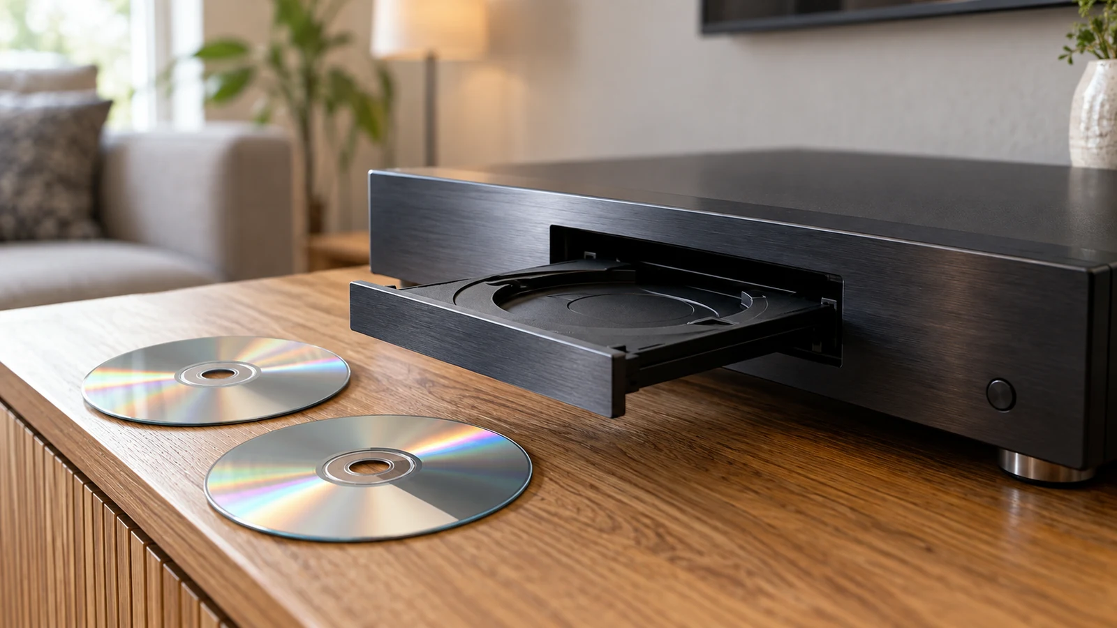disc playback compatibility: Two reflective discs sit beside a black player with an open tray on a wooden console.