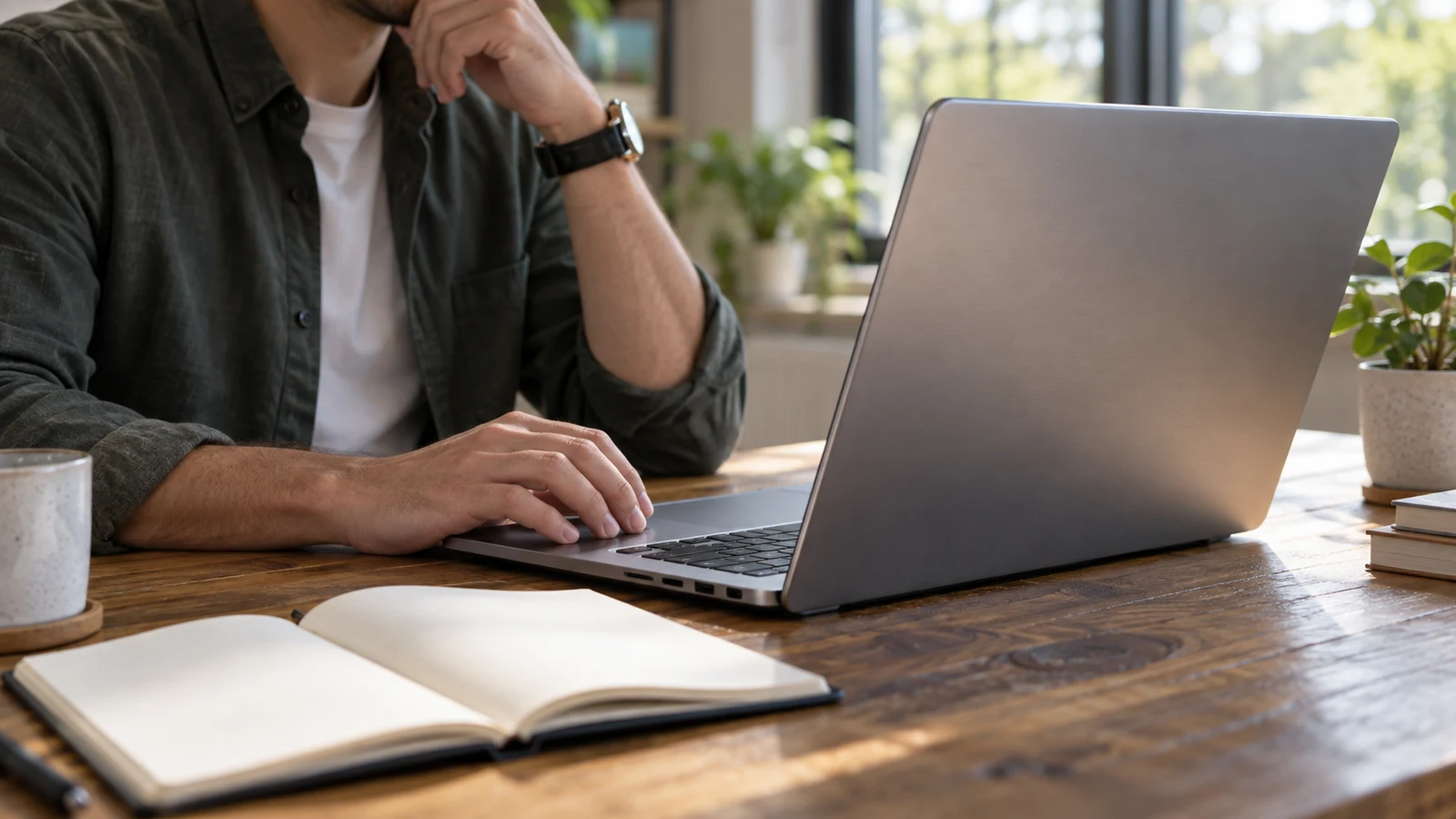 Dell Inspiron application compatibility: A person uses an unbranded laptop at a wooden desk beside an open notebook.
