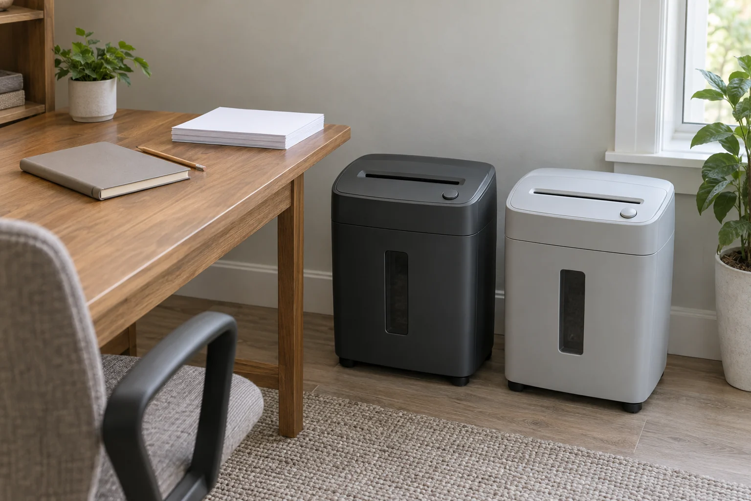 Fellowes 6Ct shredder stops concept with two complete generic inactive closed shredders beside a blank notebook, pencil and separate paper stack.
