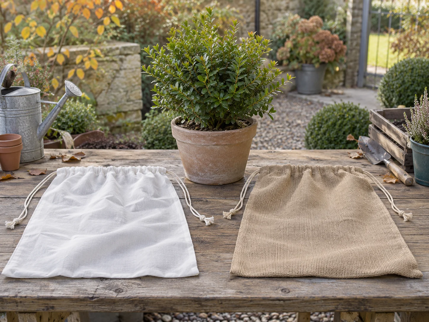 Seasonal plant cover planning concept with two whole loose generic drawstring bags and a separate whole potted shrub; no fitted cover or protection result shown.