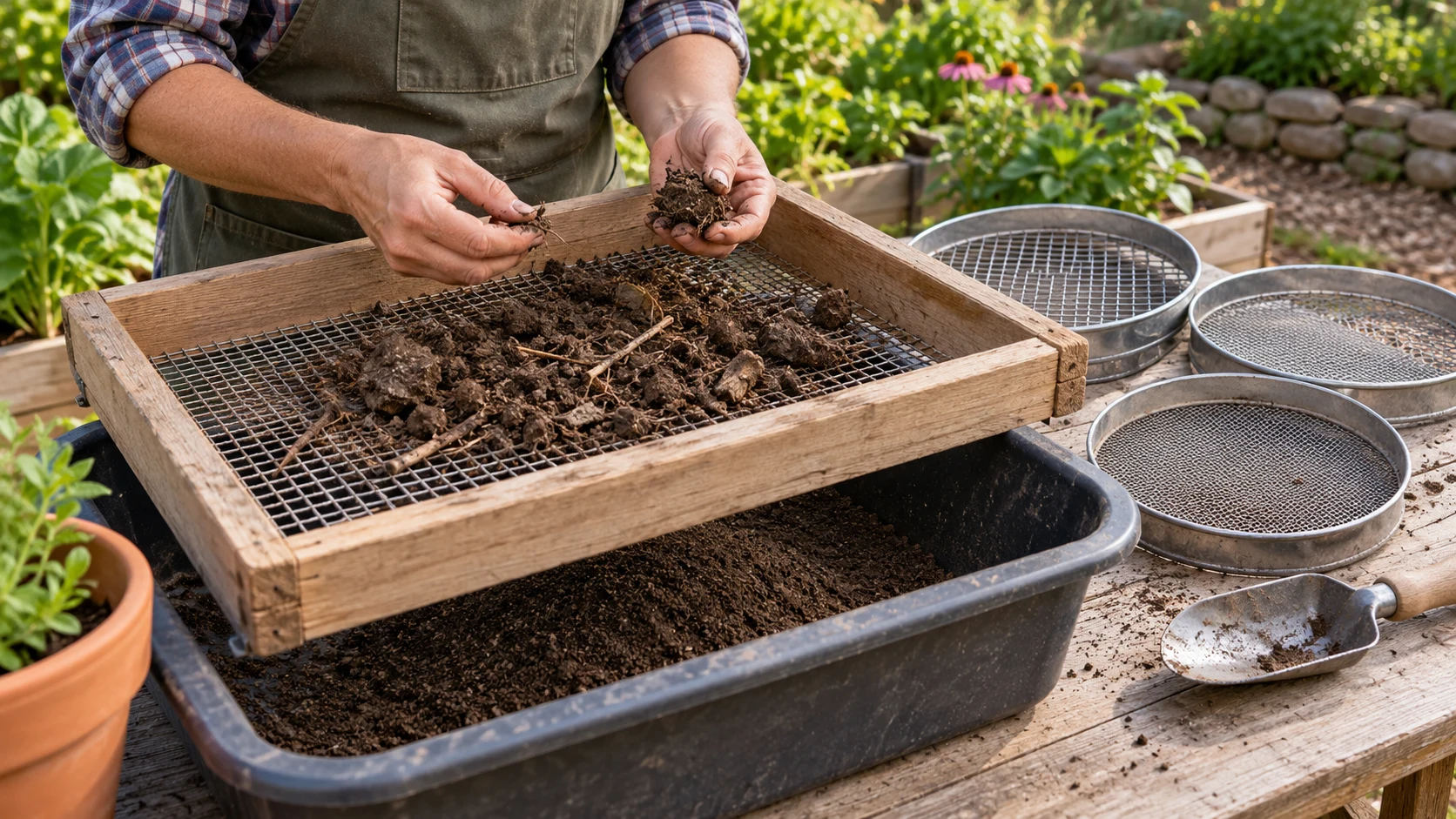Soil sifter clogging illustrated by a gardener examining clumps on a wooden mesh frame, with round screens and a scoop nearby.