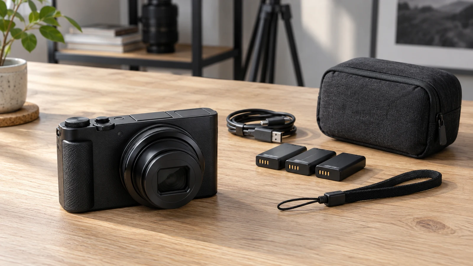 Sony ZV-1 II collection photos: An unbranded camera, batteries, cable, pouch, and wrist strap sit in groups on a wooden table.