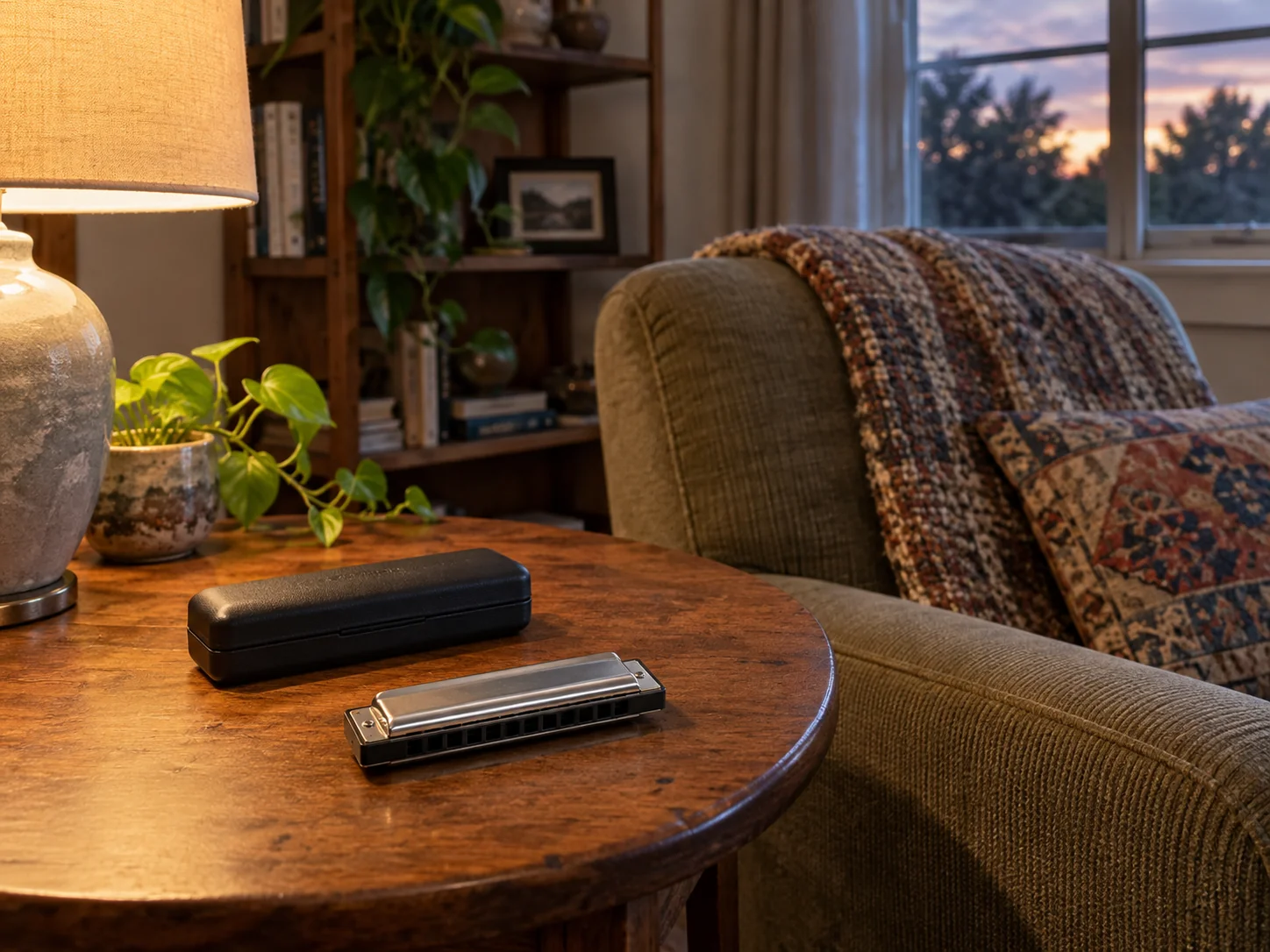 Playing harmonica again concept with a whole generic inactive harmonica and separate whole closed case beside an empty home armchair; no exact models or technique.