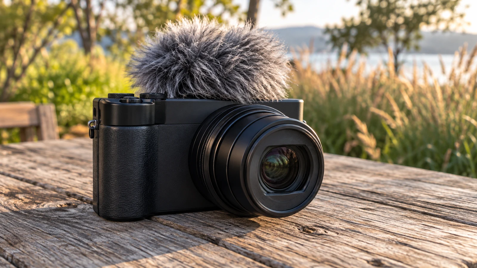 Sony ZV-1 II wind noise reduction: An unbranded black camera with a furry windscreen sits on an outdoor wooden table.