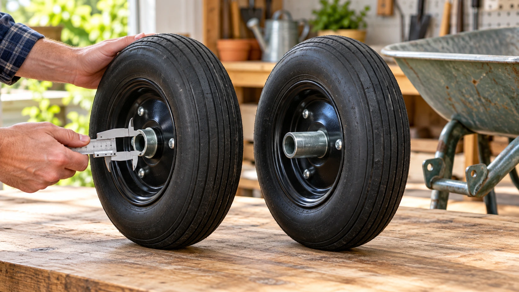 Wheelbarrow replacement wheel fit illustrated by two different hub lengths, exposed center openings, a caliper, and an empty wheelbarrow fork.