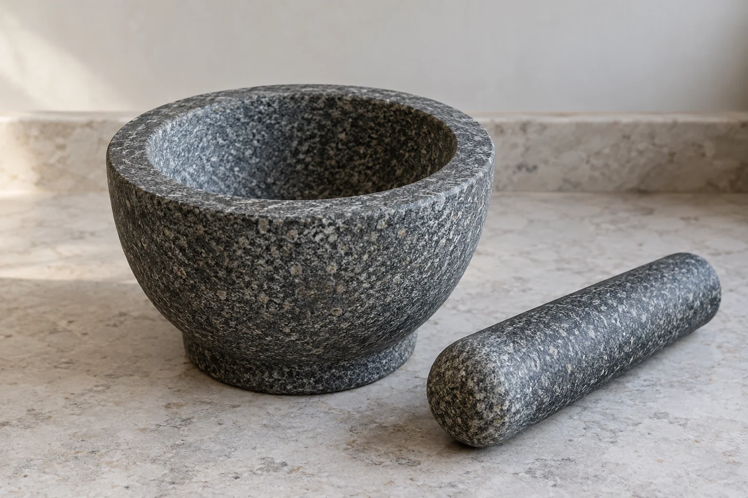 Mortar pesto texture concept showing a whole plain bowl and pestle.