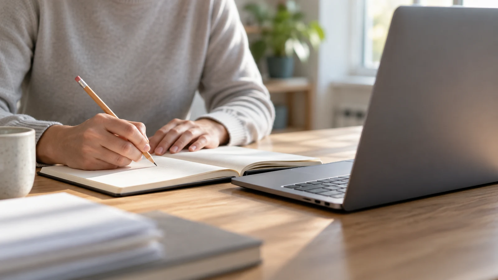 spreadsheet rounding: A person holds a pencil over an open notebook beside a laptop on a wooden desk.