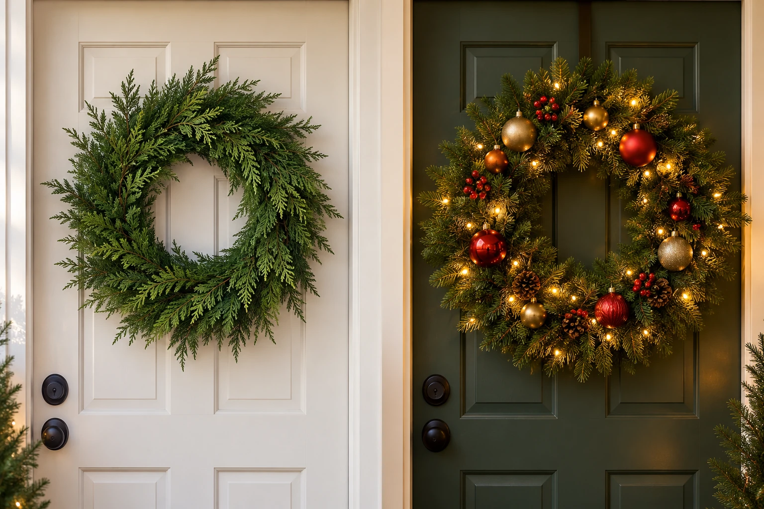 Christmas wreath choices on two doors: unlit pine on the left and a warm, ornamented battery-lit wreath on the right.