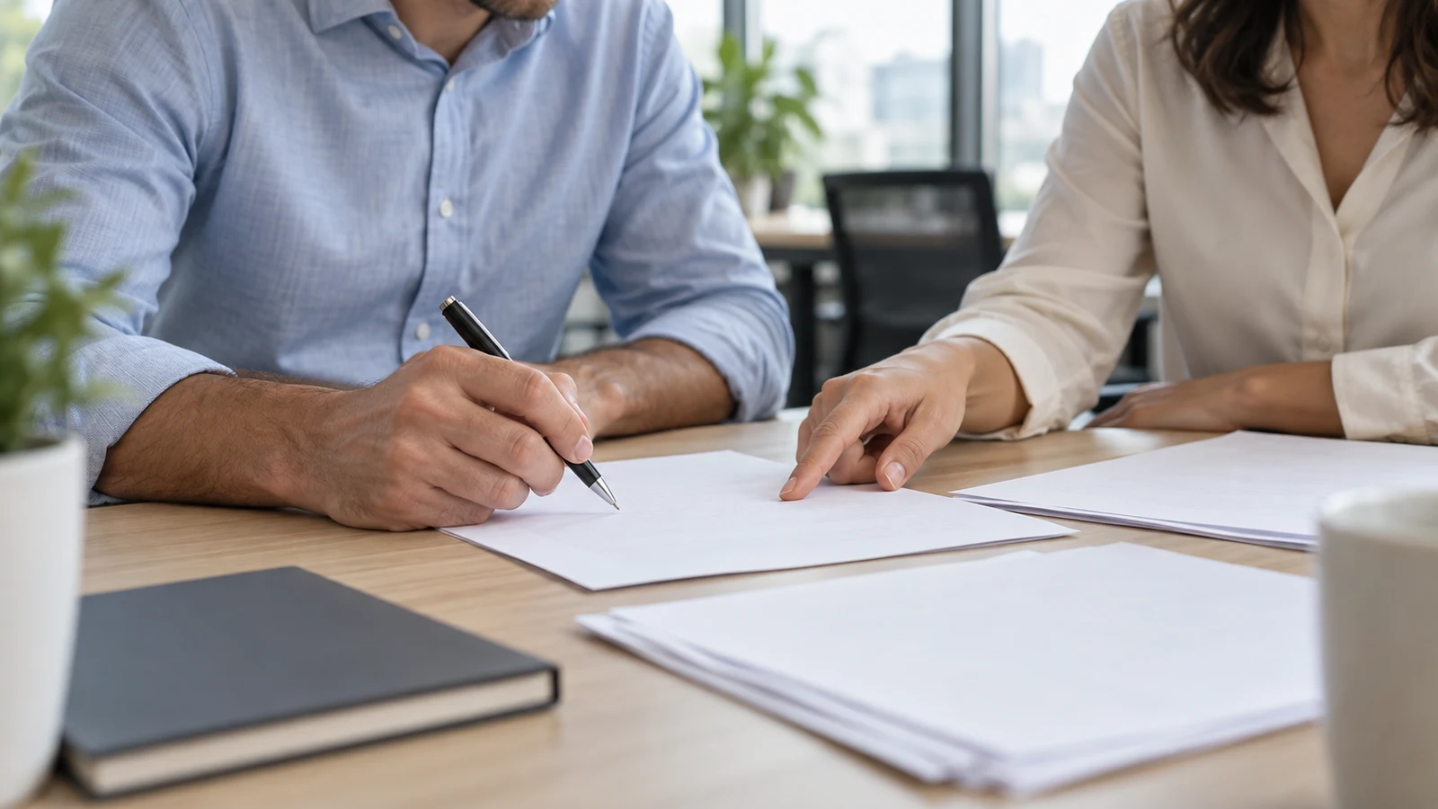 workplace correction notice: One person holds a pen while another points to paper on a wooden table.