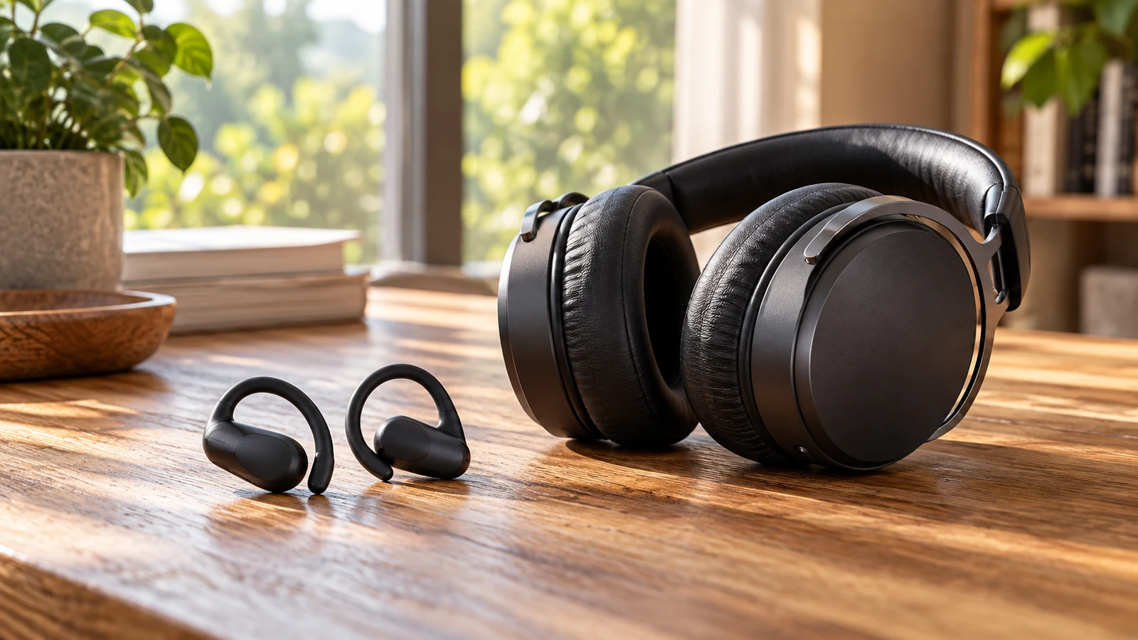 Shokz OpenFit: Black earhook earbuds and over-ear headphones rest on a sunlit wooden table.