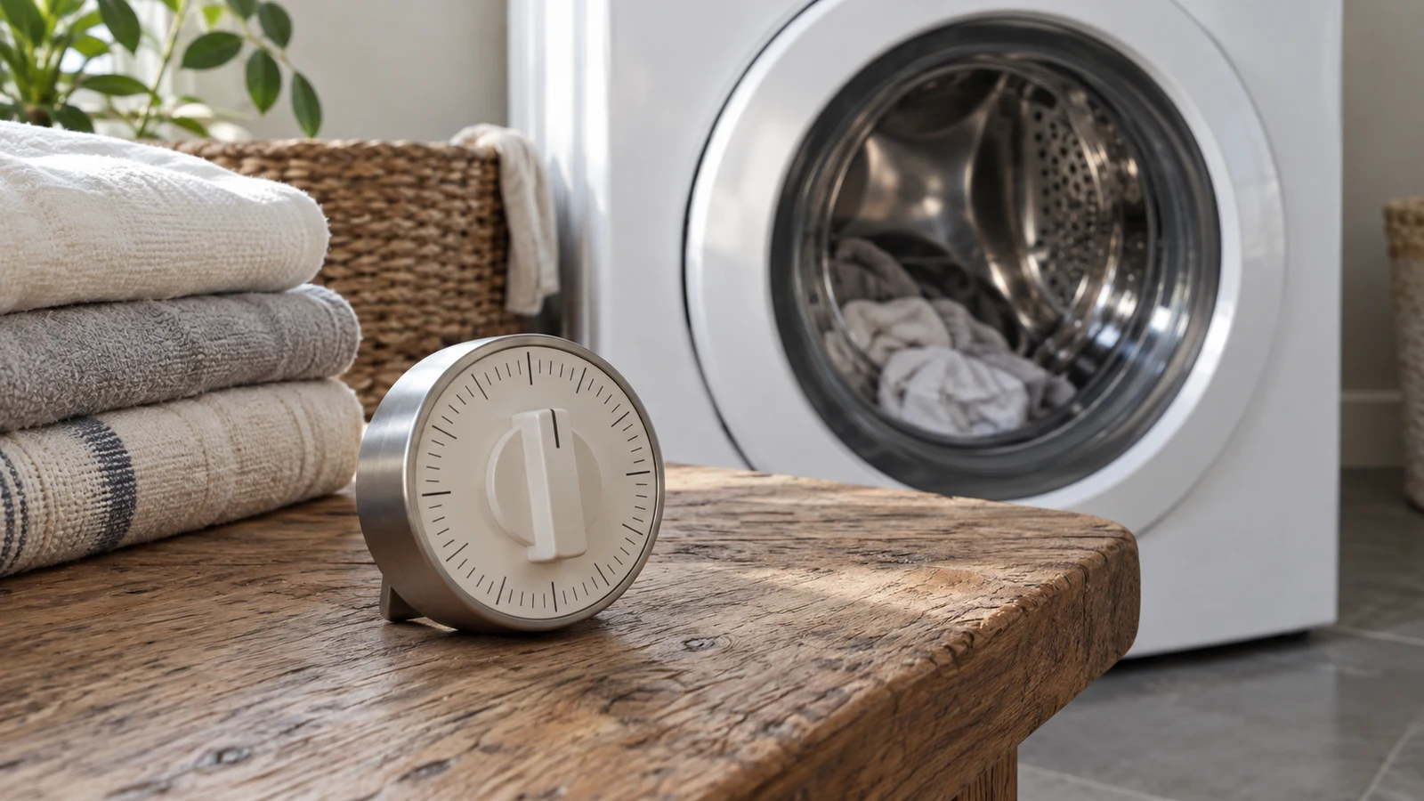 appliance timer functions: A round timer sits beside folded towels on a wooden surface in front of a washing machine.