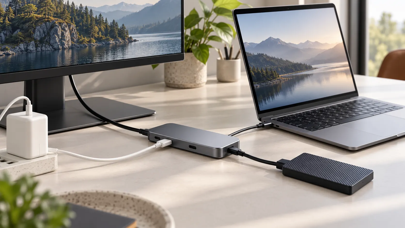 USB-C port roles at a laptop desk: a compact hub connects a monitor and storage drive while a separate cable supplies charging power.