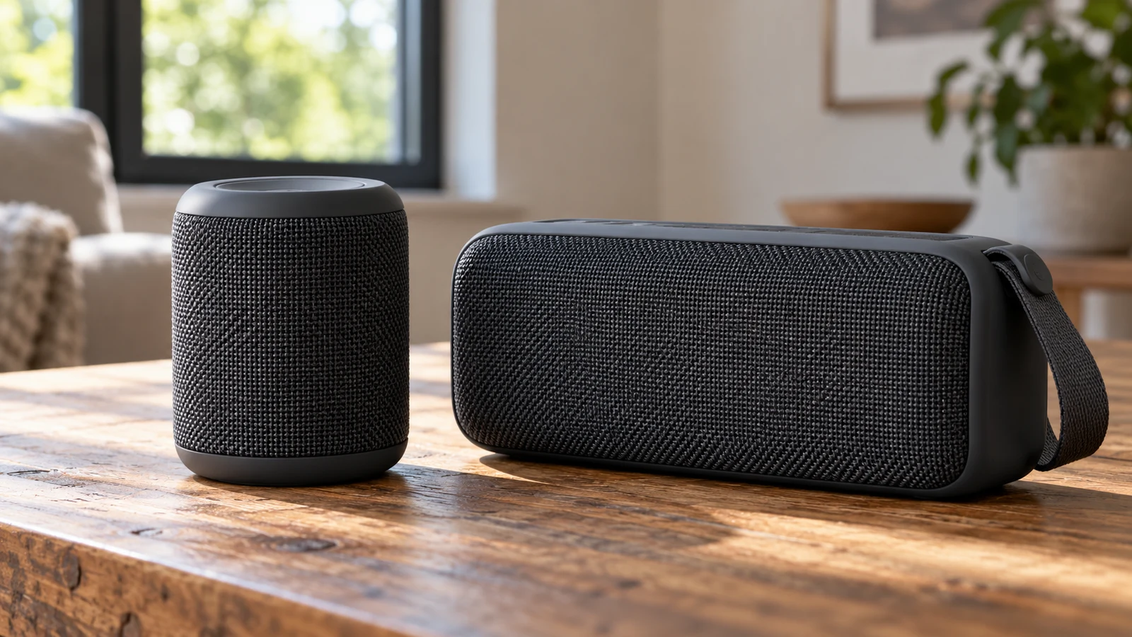 Morpheus BT7750 vs SoundBound Excursion: Two dark portable speakers sit beside each other on a wooden table.