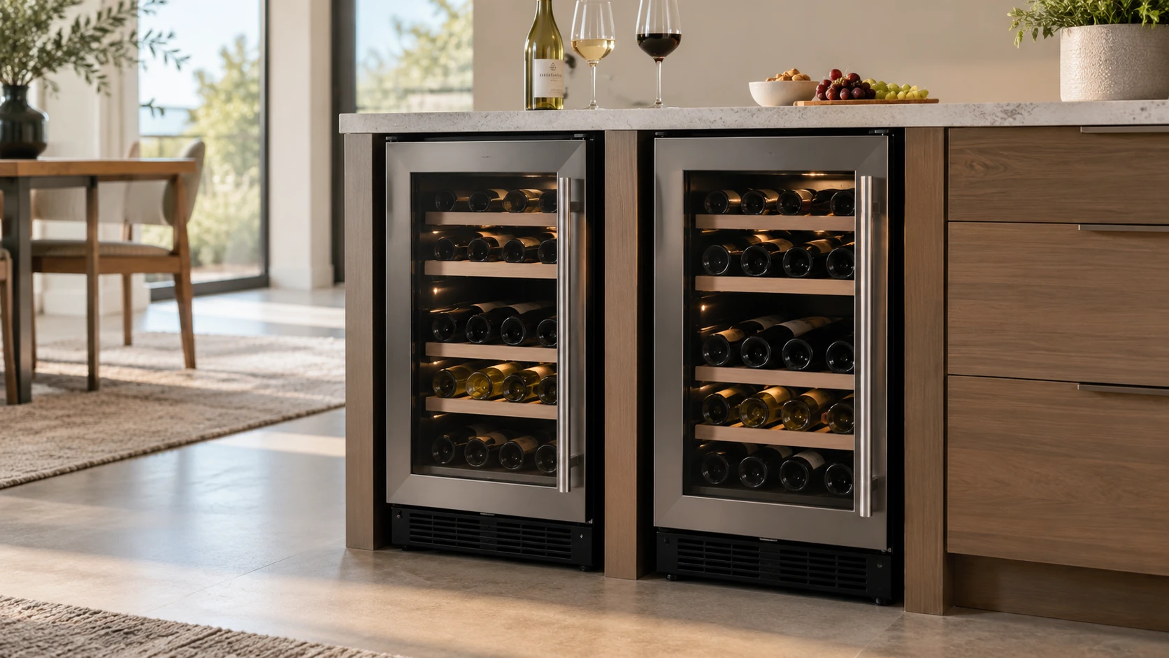 For Nipus KMWC100-RH wine cooler, weigh bottle claims, shelf flexibility, temperature details, door access, installation, glass, noise, and upkeep.