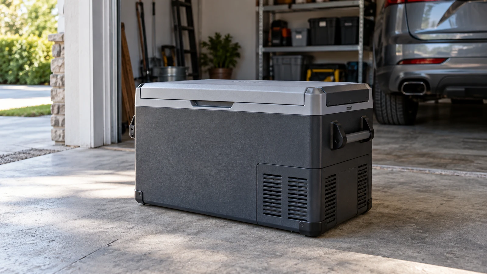 Techtongda 45L portable fridge: A gray portable fridge sits on a concrete garage floor near a parked car.