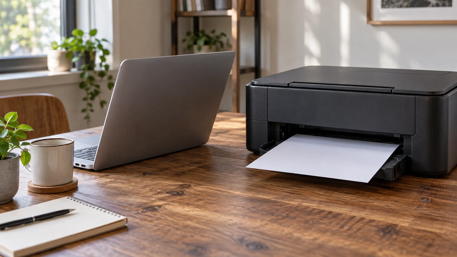 Dell Inspiron printing checks: An unbranded laptop sits beside a printer with blank paper on a wooden desk.
