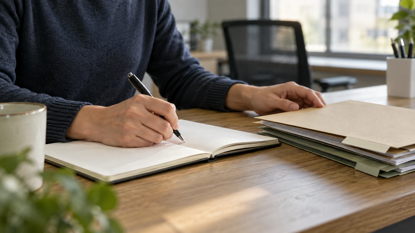 workplace handover notes: A person holds a pen over an open notebook beside stacked folders on a wooden desk.