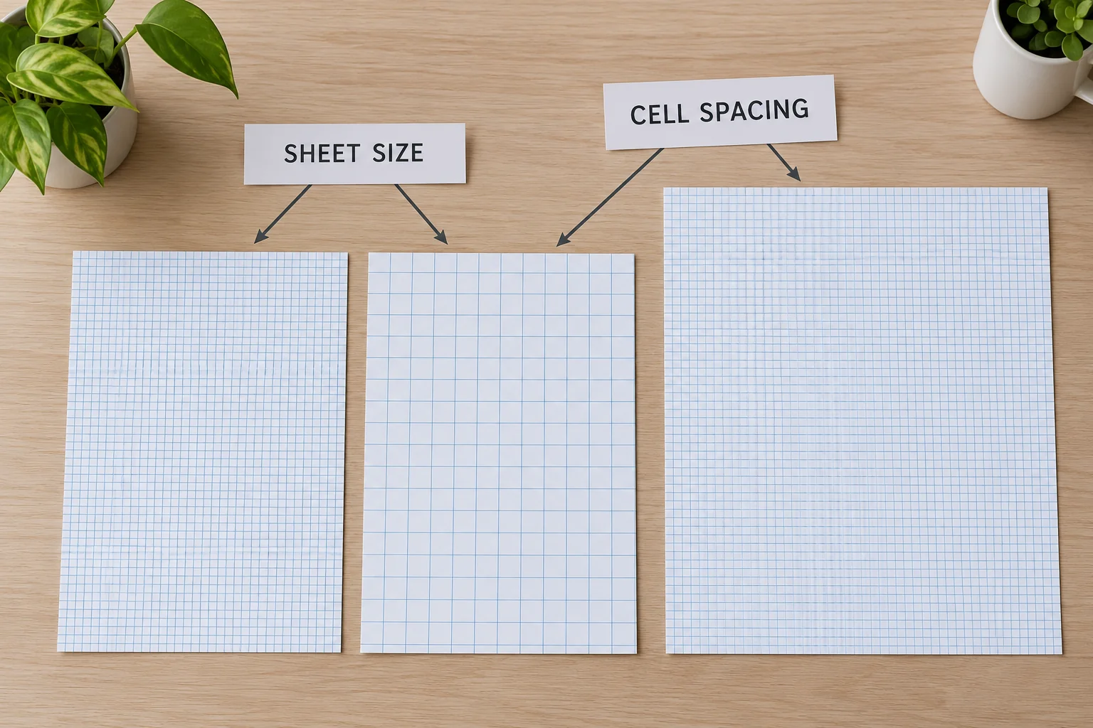 Graph paper grid spacing and sheet size compare generic paper rectangles with separate extent and cell-spacing references, without a measured product result.