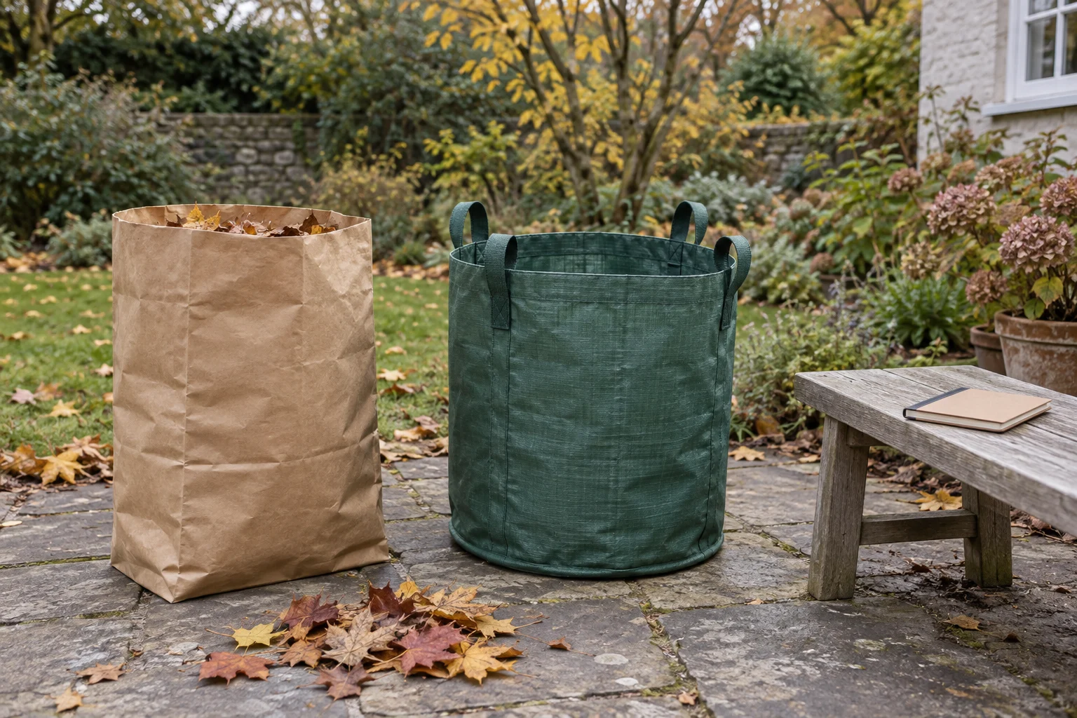 Autumn leaf collection illustrated by whole generic brown paper and green garden bags, dry leaves and a blank notebook outdoors.