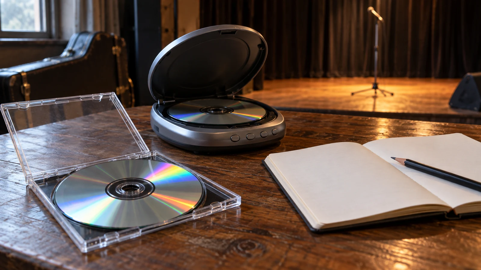 CD music cue planning: CDs, an open player, and a notebook rest on a wooden table beside a stage.