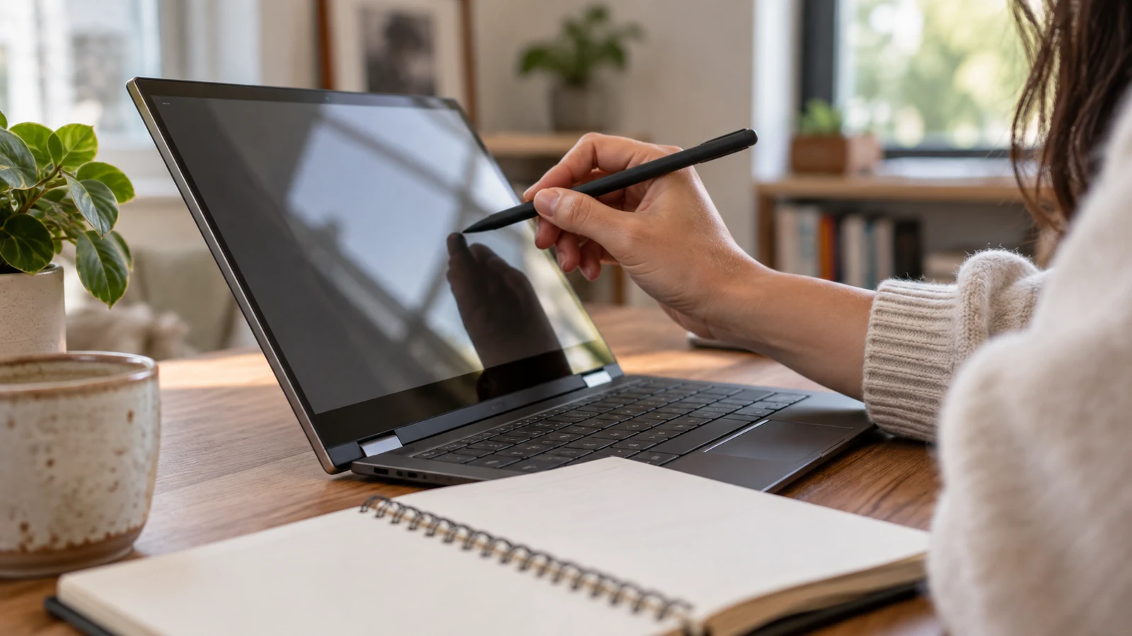 Dell Inspiron PDF annotation checks: A person holds a stylus near a laptop screen beside an open notebook.