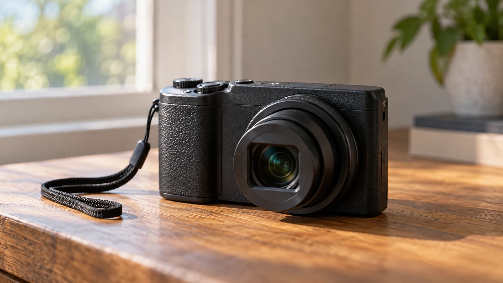 Akito Plus10 offline digital camera: A black camera with a wrist strap rests on a wooden desk beside a window.