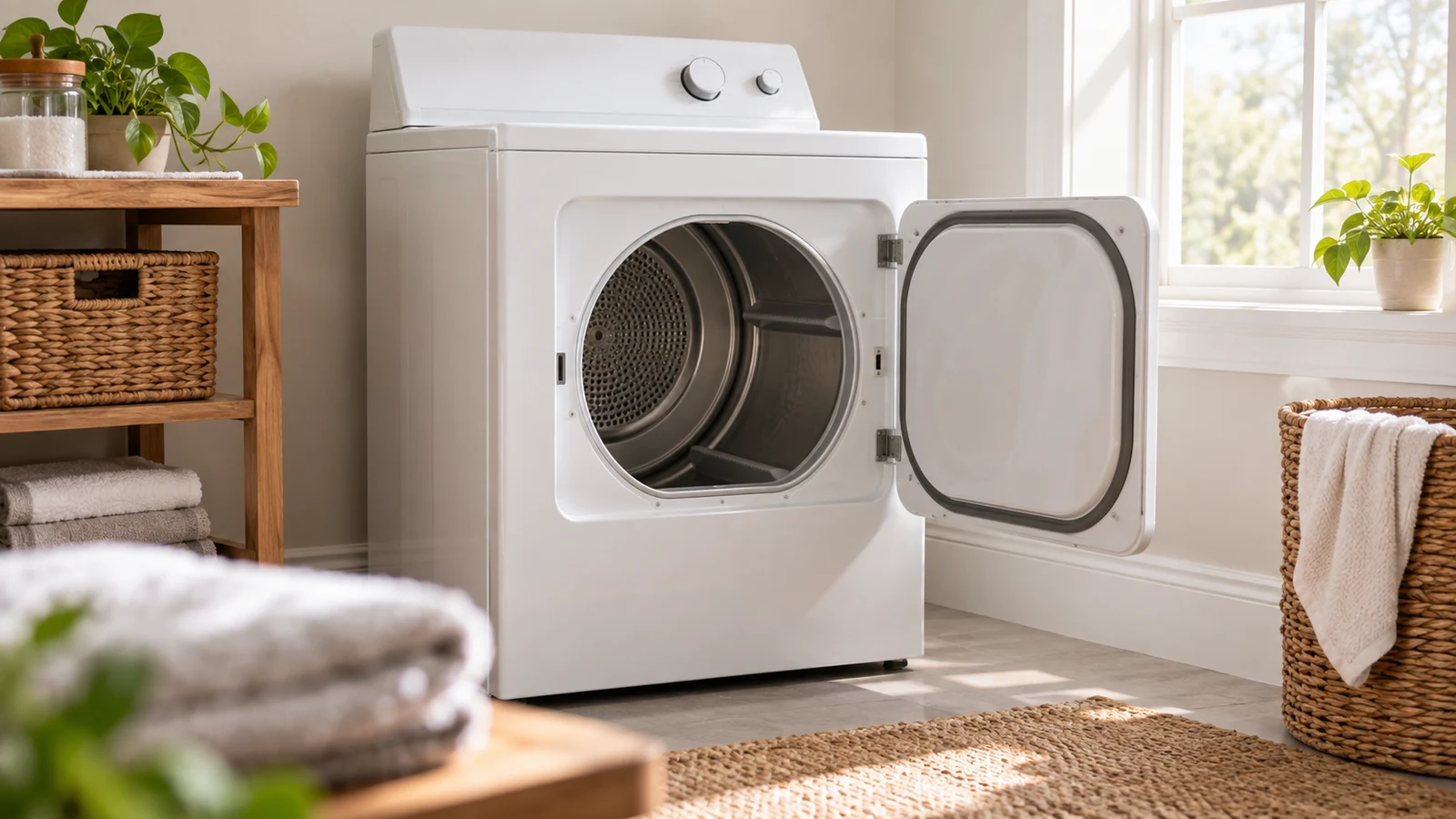 Speed Queen dryer DC5003WE: An unbranded white dryer stands open, revealing a metal drum beside a sunlit window.