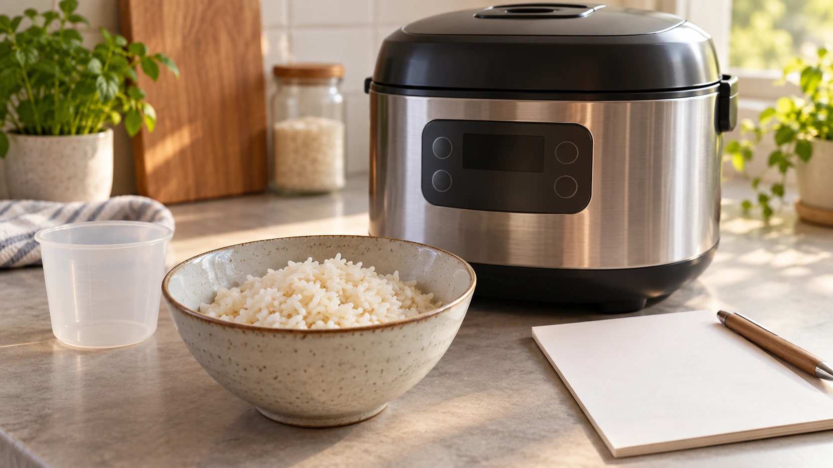 rice cooker rice undercooked decision shown by a closed cooker, measured rice and a blank batch note beside its control panel.