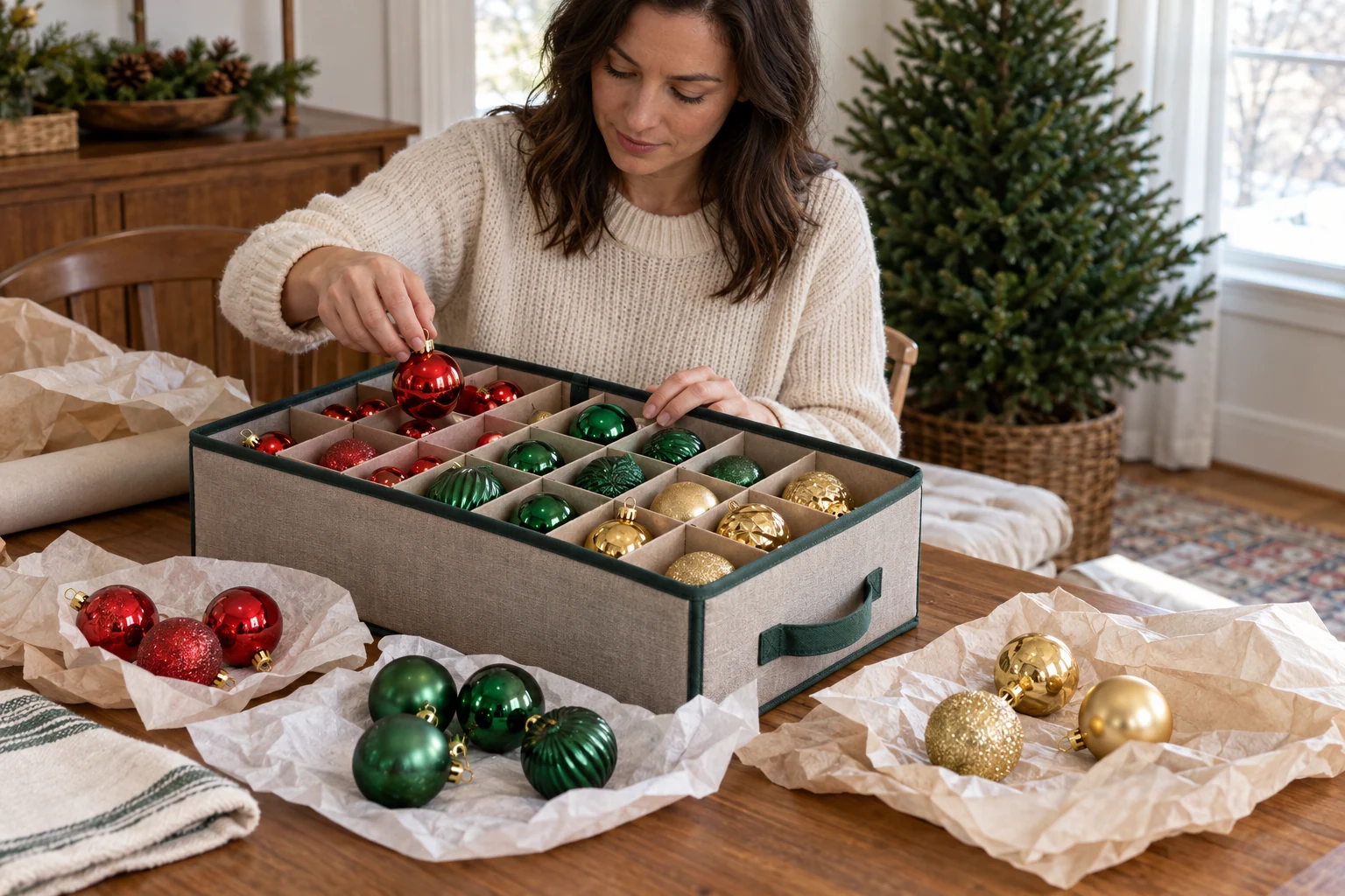 After-holiday ornament storage as a person sorts red, green and gold hanging ornaments into a divided box at a table.
