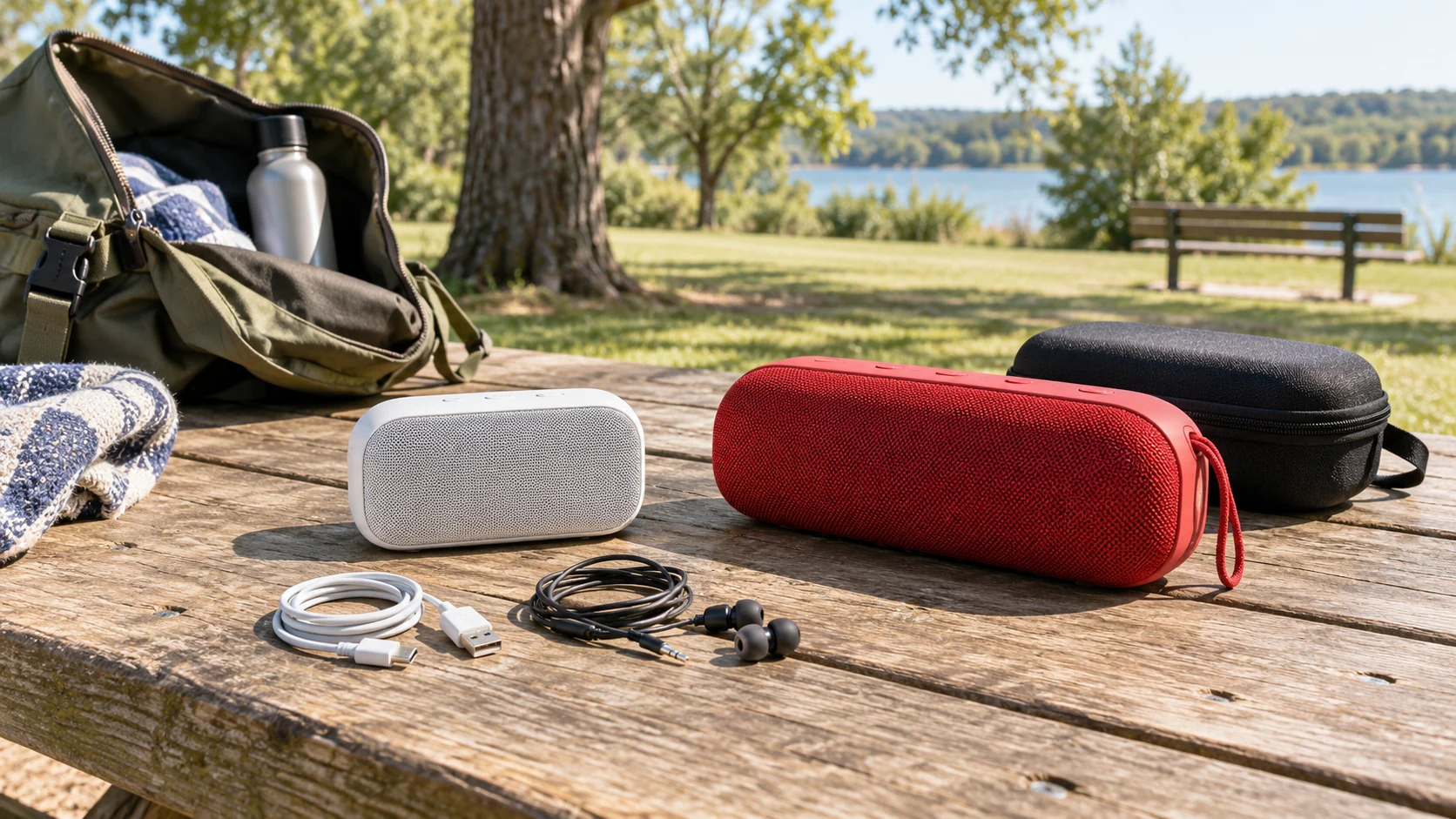 Sony ULT Field 1 vs JBL Charge 5 buying comparison illustrated by generic portable speakers, a carrying case, cable and earphones on a picnic table; a conceptual editorial scene, not exact product photographs.
