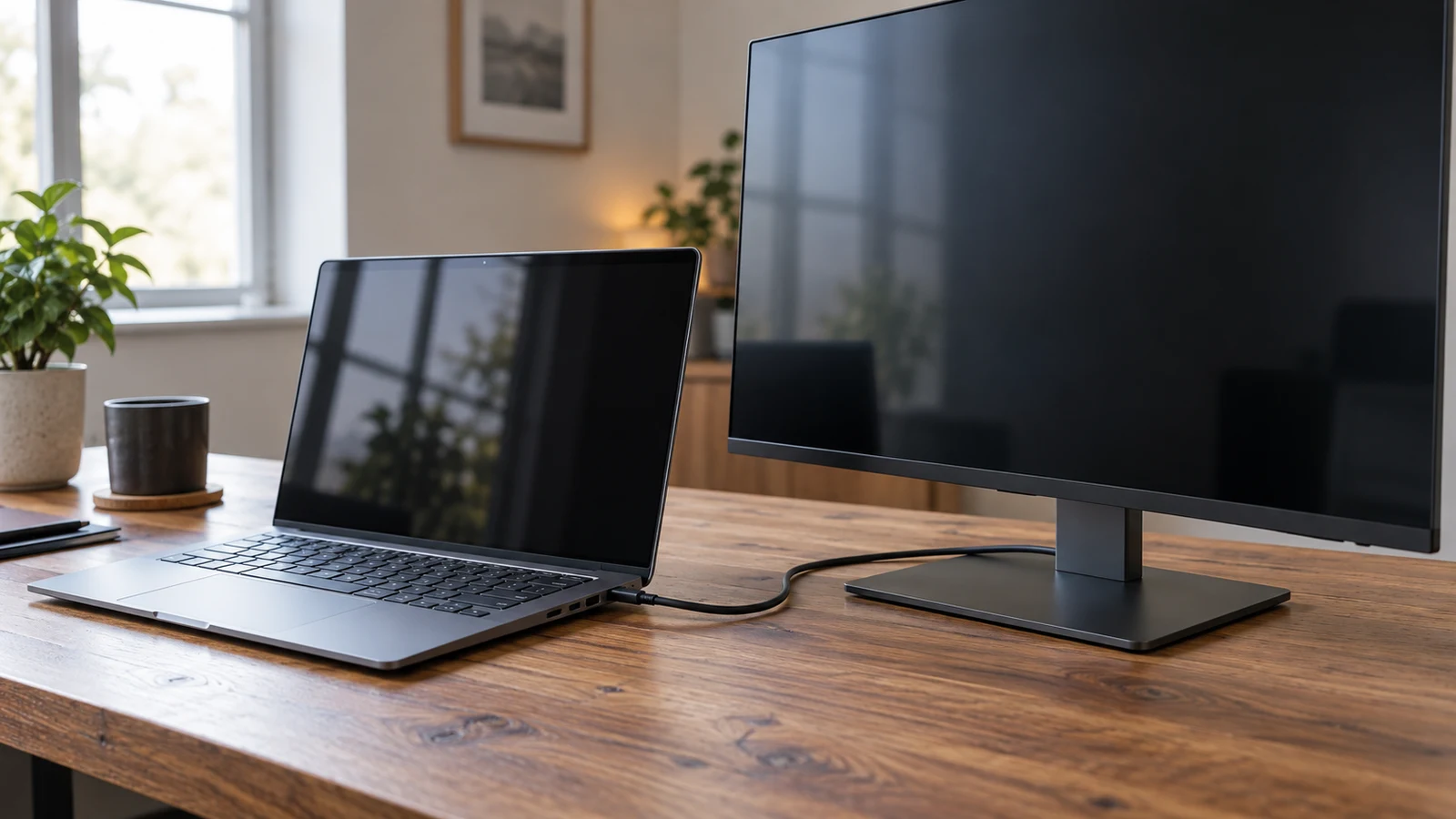 Dell Inspiron extended display checks: An open laptop sits beside a dark monitor and cable on a wooden desk.