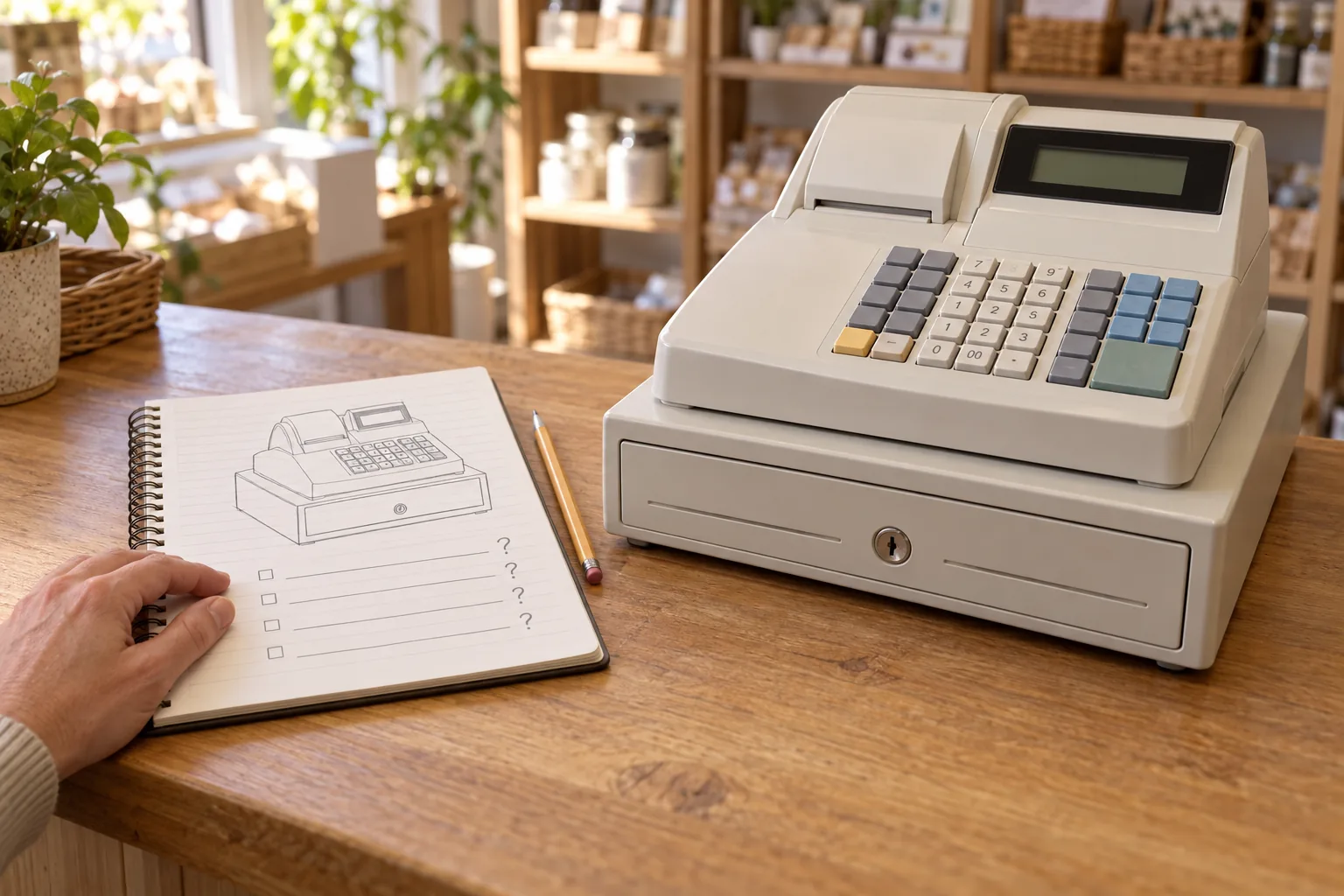 A cash register parts list separates the register assembly and drawer from the questions recorded beside a proposed shop purchase.