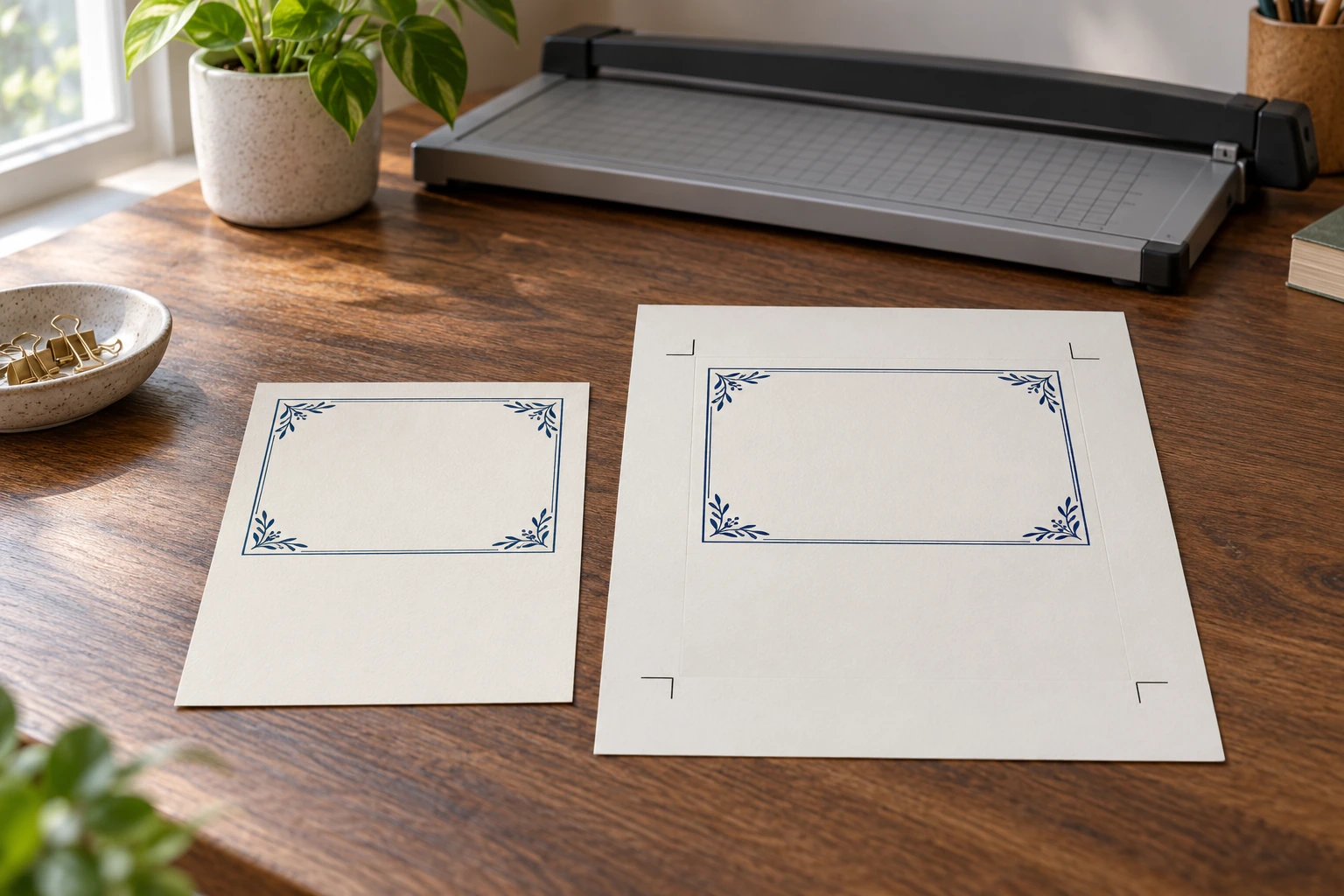 Uneven borders after trimming illustrated by a kept flyer and matching artwork proof on a separate table, with an inactive guillotine trimmer behind them.