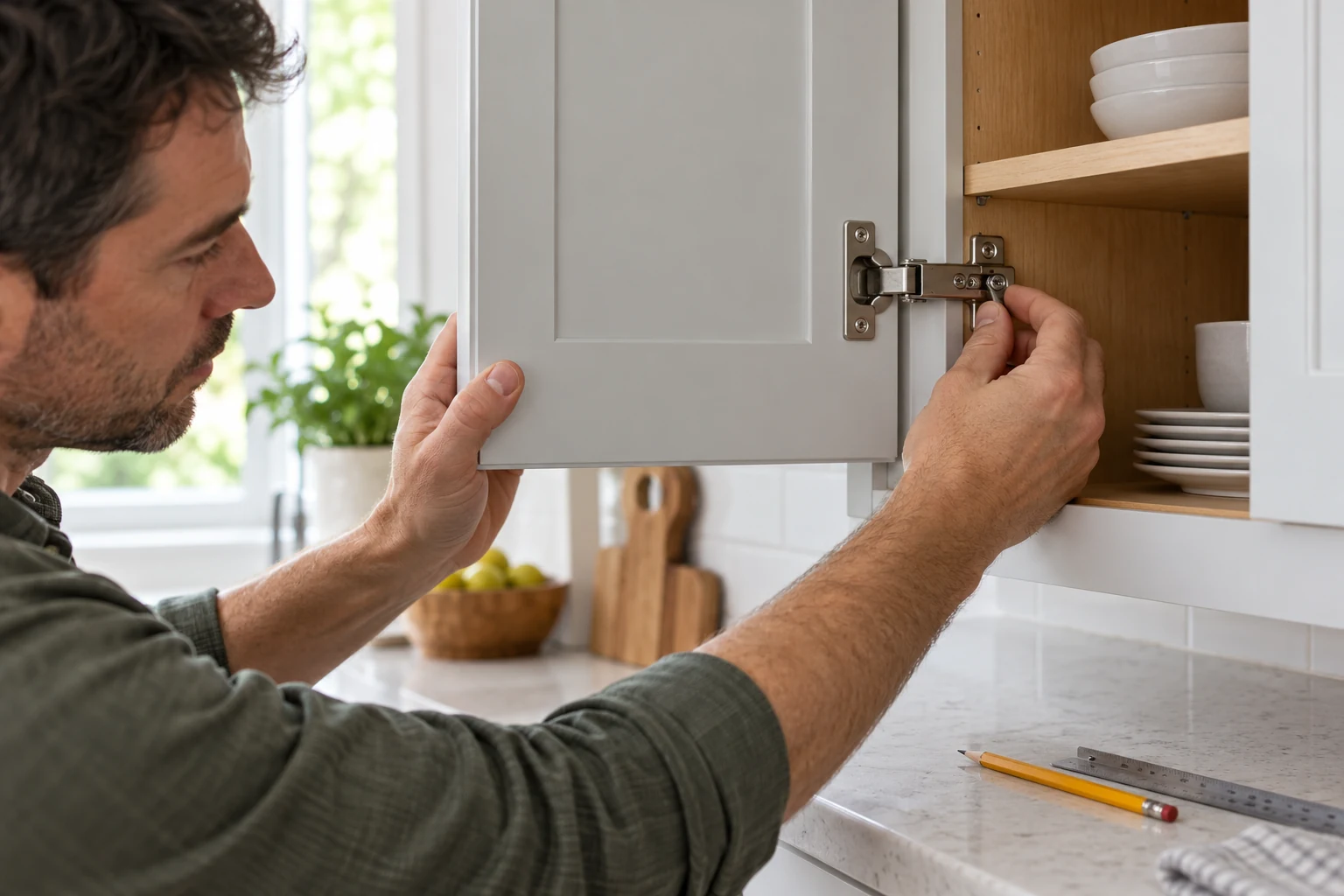 Cabinet door still crooked after adjustment: a person supports an open cabinet door while checking its concealed hinge and mounting screws.