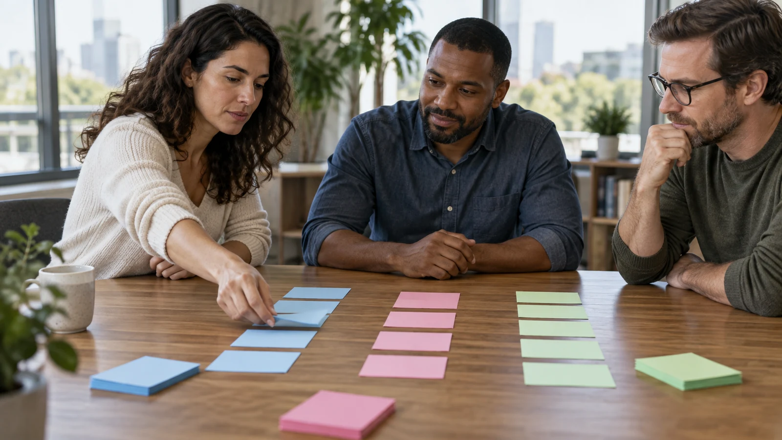 process swimlane planning: Three adults sit together as one arranges blank colored cards on a wooden table.