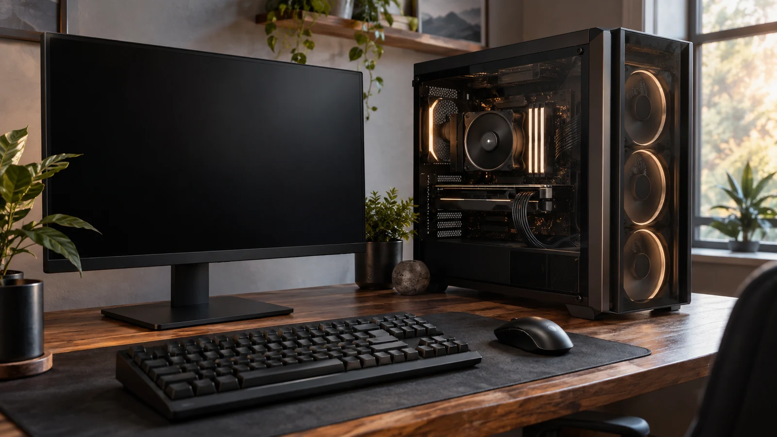 ICEWOLF Ryzen 7 gaming desktop: A glass-sided computer tower, blank monitor, keyboard and mouse sit on a wooden desk.