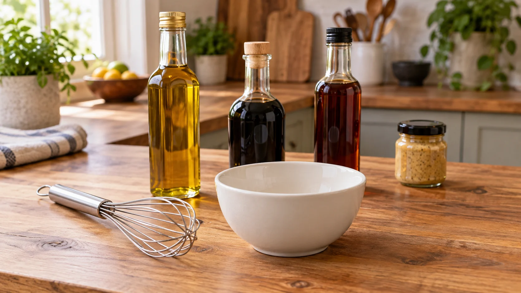 Make a balsamic dressing concept with a small mixing bowl, whisk and generic closed ingredient containers on a home kitchen counter.