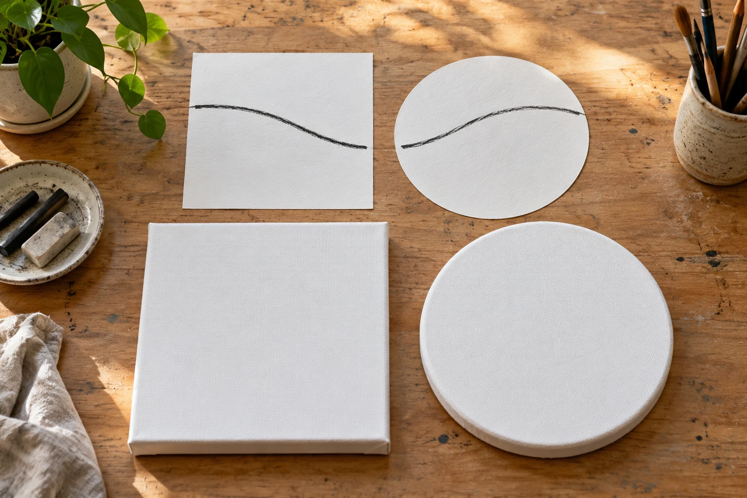 Two-panel canvas composition planned with paired square and round paper studies beside blank canvases, showing a connecting line interrupted by a deliberate gap