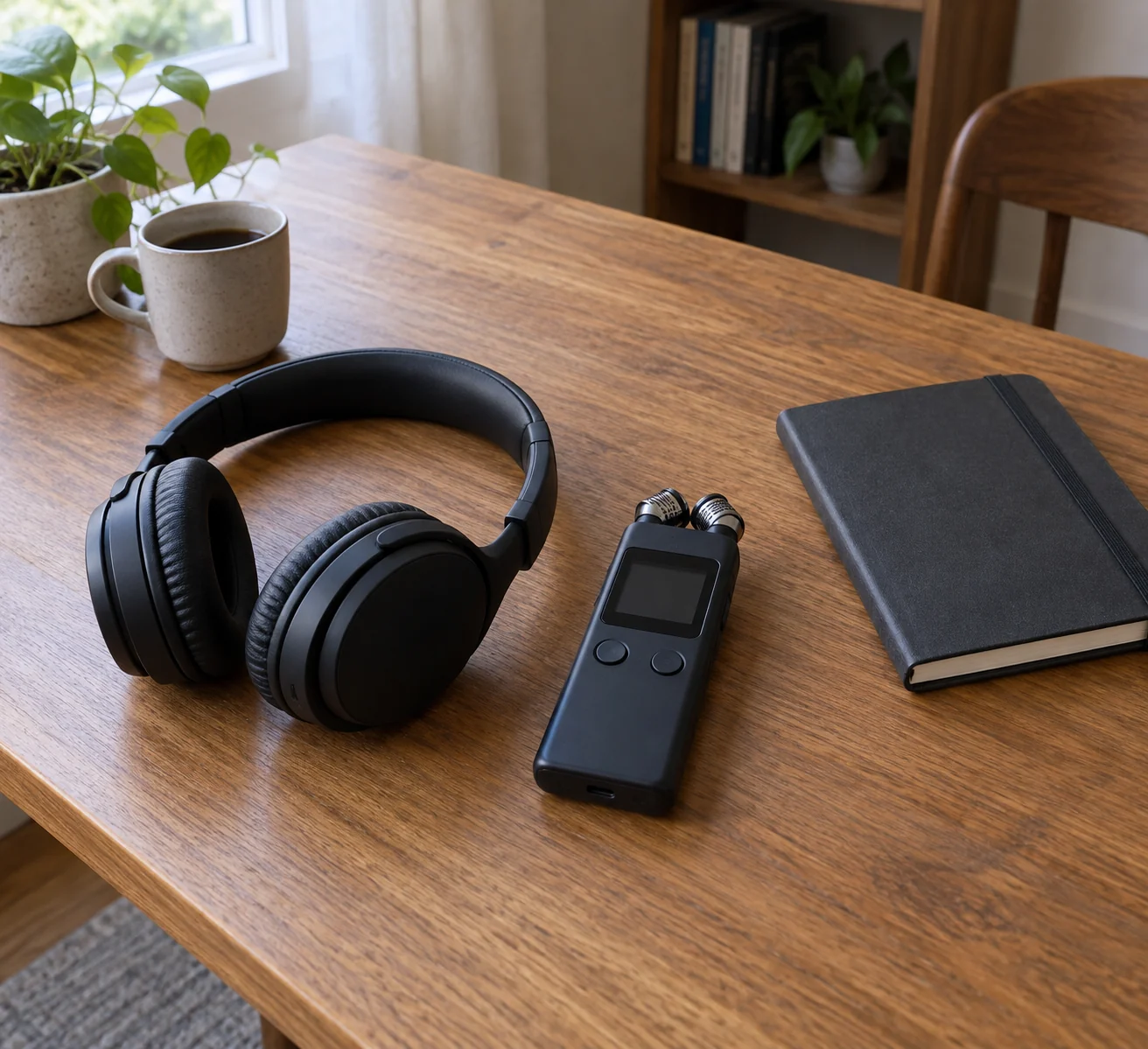 DR-40X loop playback concept with a complete generic inactive recorder and headphones beside a closed notebook on a wooden listening desk.