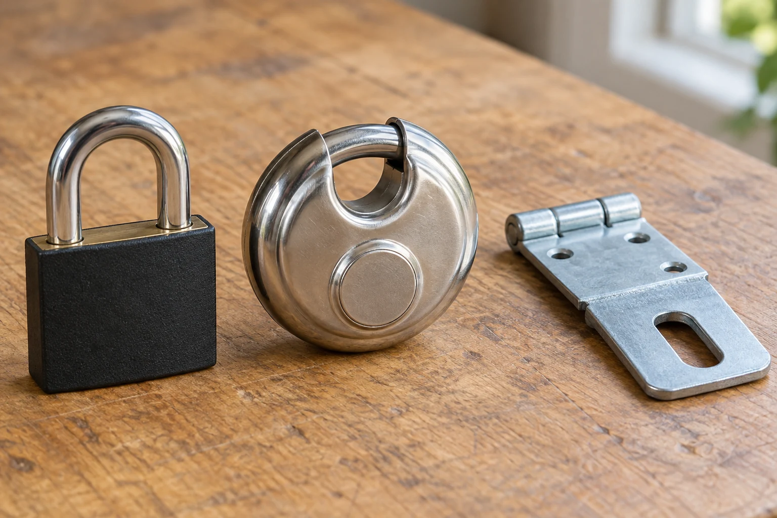 Padlock shackle shapes compared as an exposed U-shaped shackle and a circular lock body beside an unfastened hasp for fit checking