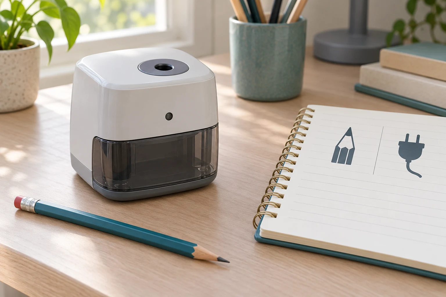 Pencil sharpener light stays off enquiry beside a desktop sharpener and a notebook comparing a completion signal with power status.