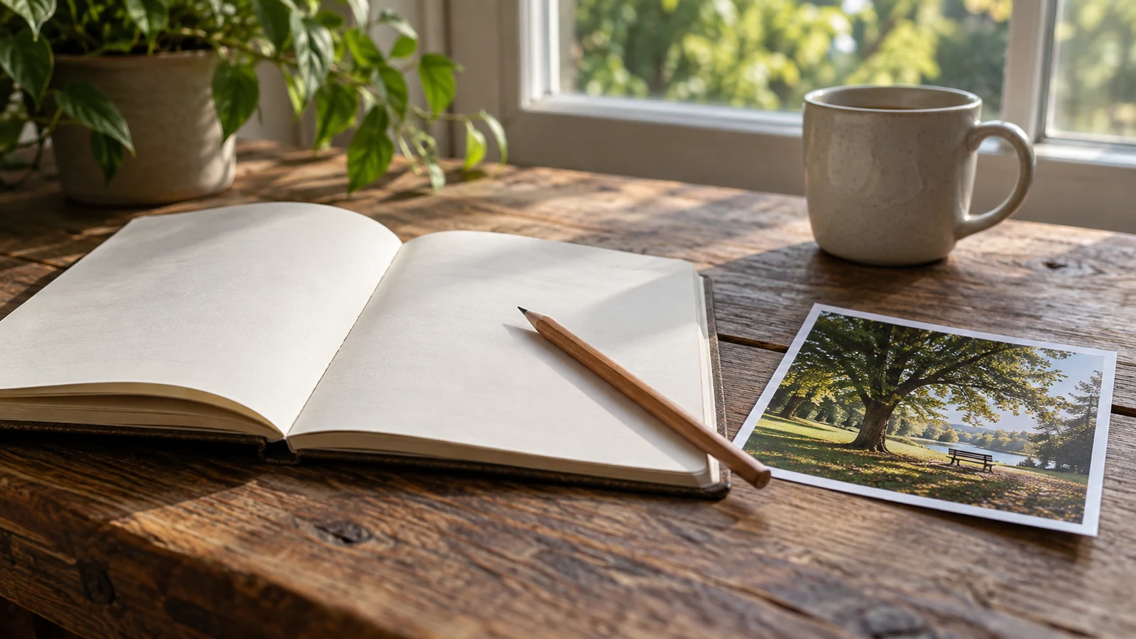 photo description writing: An open notebook, pencil, printed photograph, and ceramic mug sit on a wooden table.
