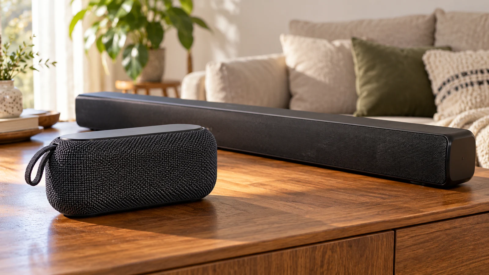 TAZATA BoomBlast portable speaker: A compact speaker and a long black soundbar sit on a wooden table.