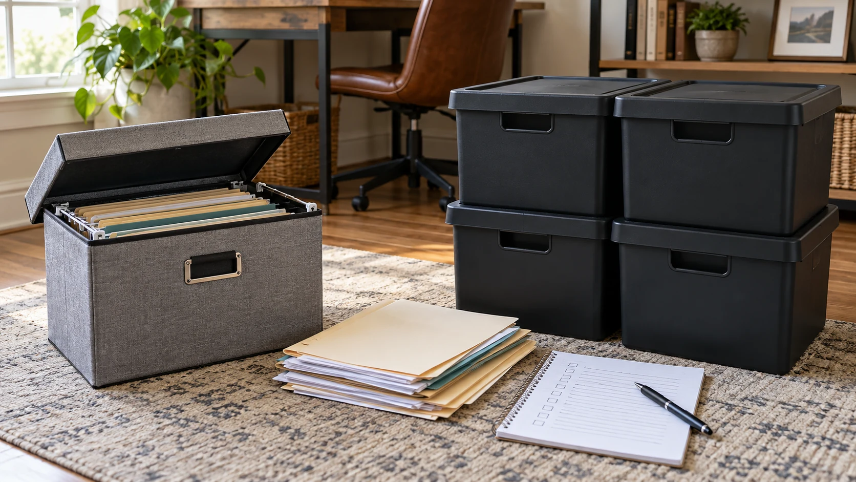 file storage box quantity plan with one fabric file box beside four black lidded boxes, folders and an inventory sheet.