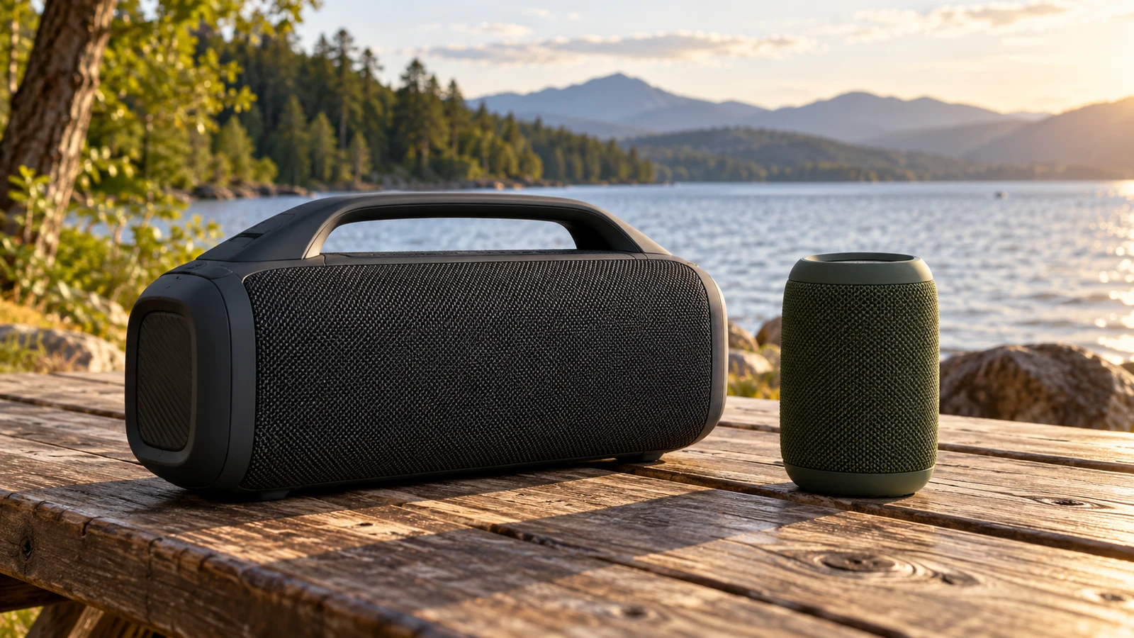 ZEALOT S89 vs Solorage portable speaker: Two speakers sit on a wooden table beside a lake.