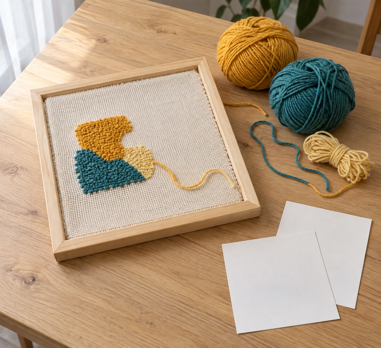 Unfinished punch needle kit concept with a partly worked framed textile and loose yarn offered for an adult-to-adult handover.